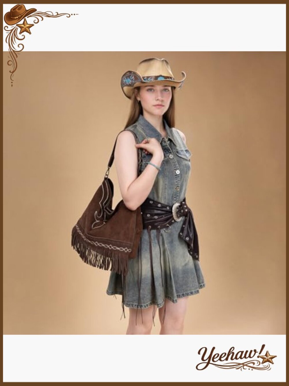 Fringe Suede Hobo Bag with Embroidered Strap - Picture 2 of 6